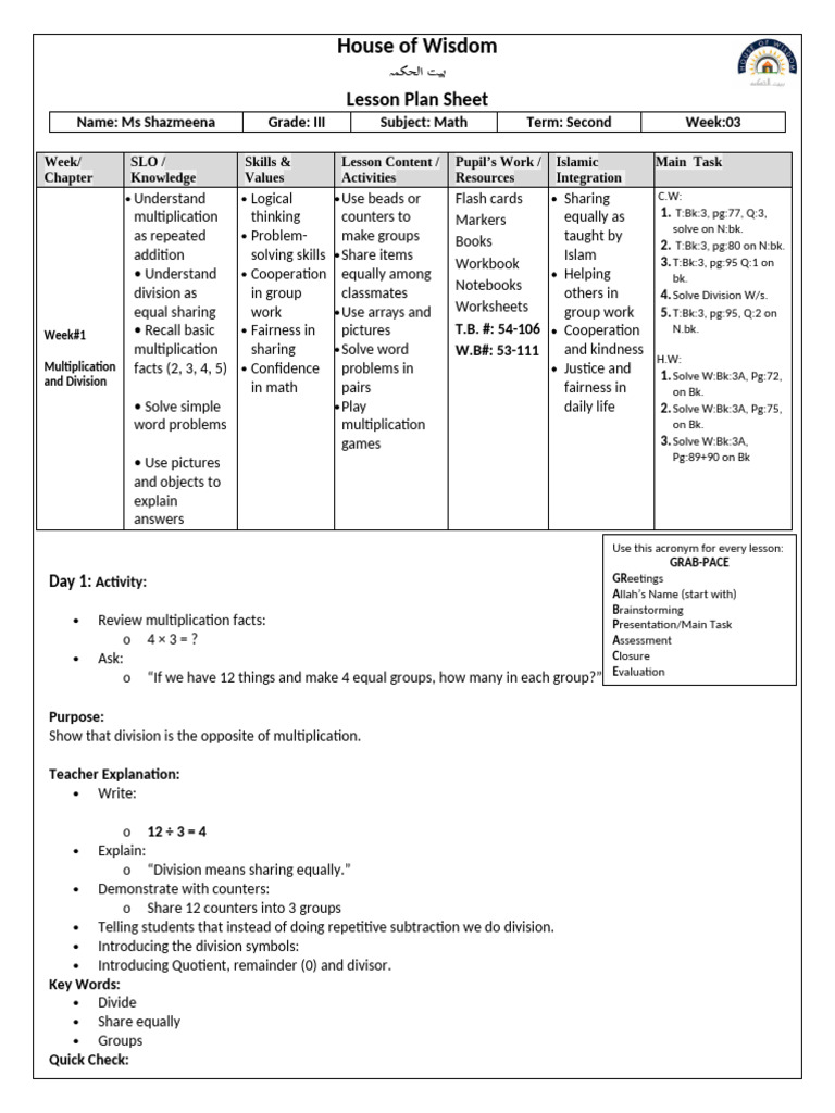 Maths Planner#3 G-III Term-2 | PDF | Division (Mathematics) | Learning