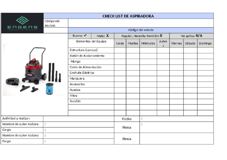 Check List Aspiradora Engens | PDF
