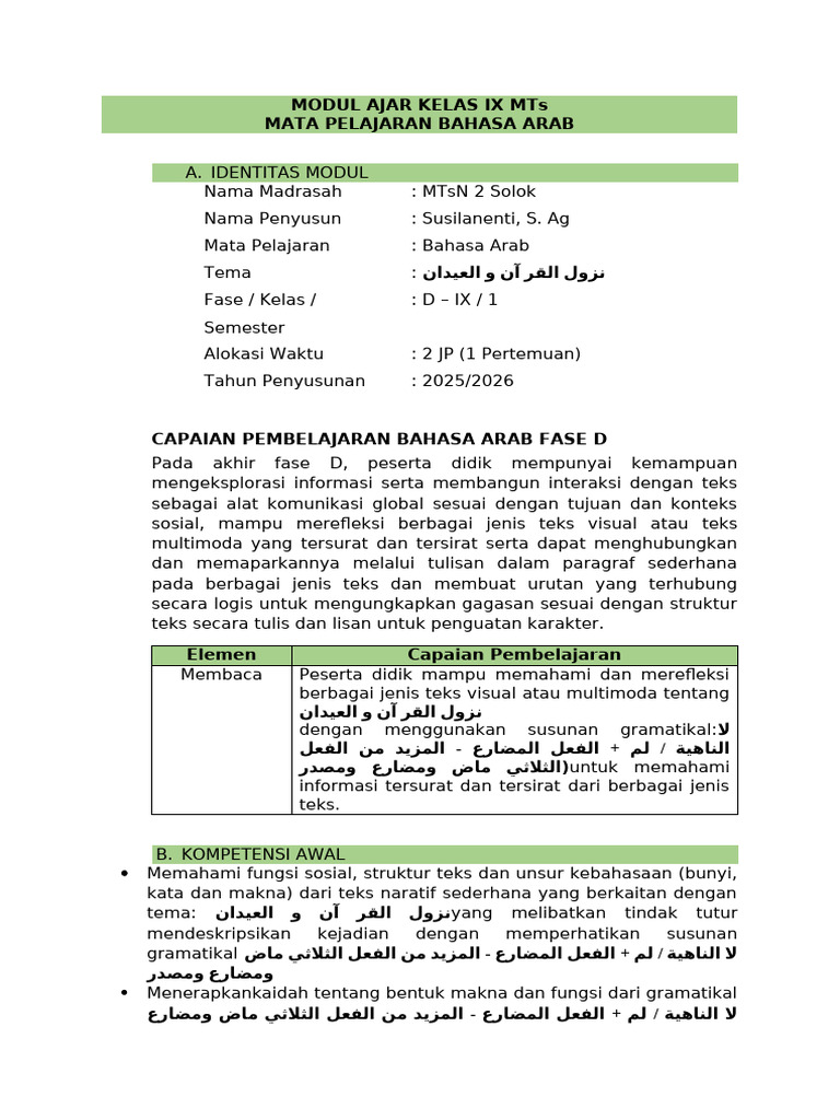 Modul Ajar Bahasa Arab Kelas IX | PDF