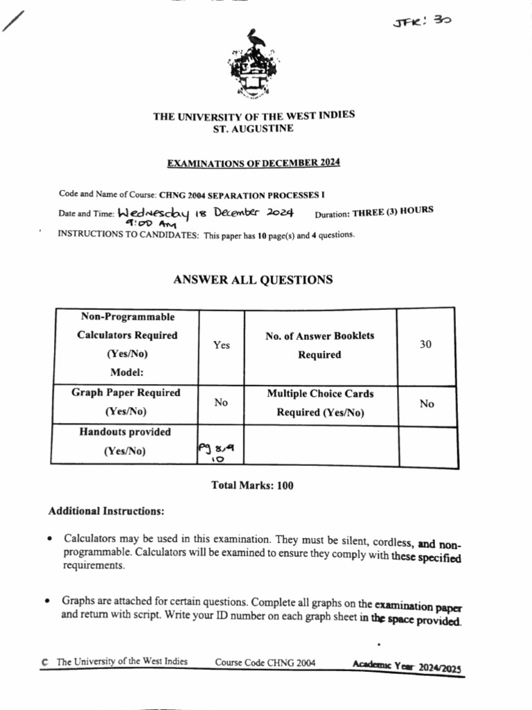 CHNG 2004 - Separation Processes I Final Exam 2024 | PDF | Continuum ...
