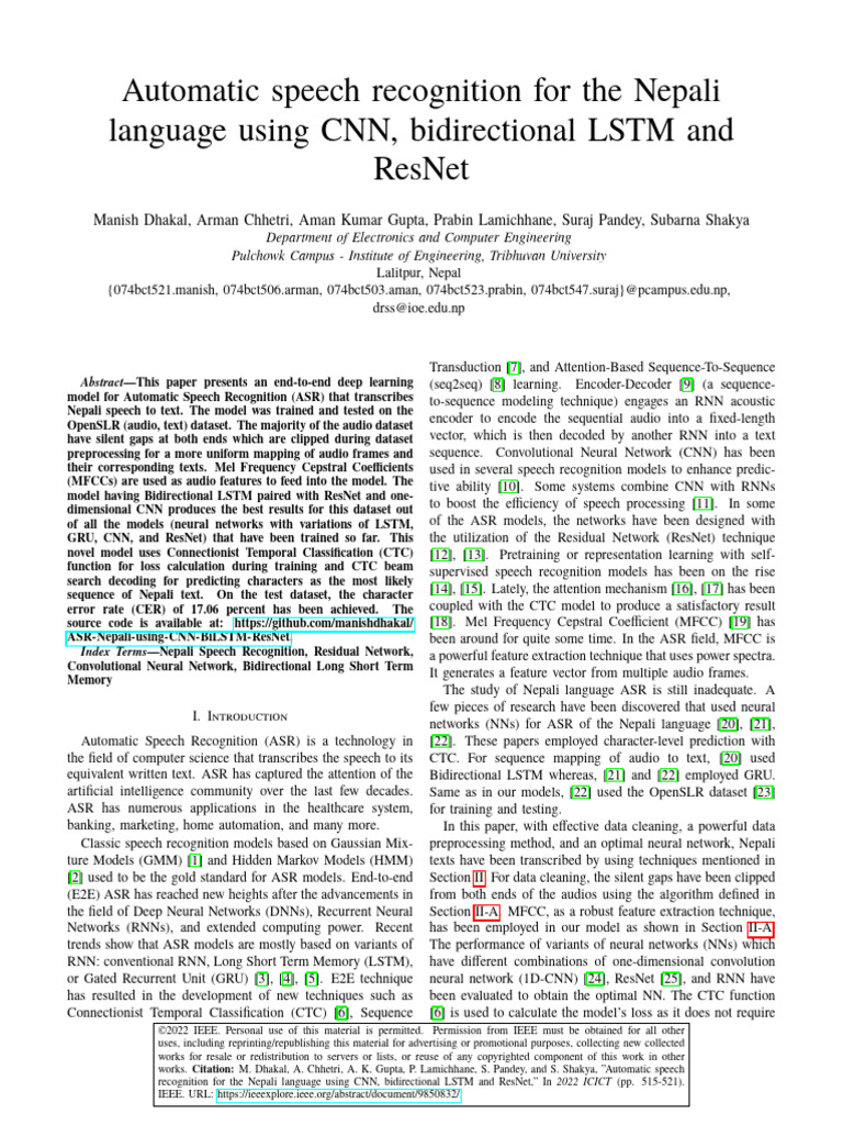 Nepali Speech Recognition with CNN & LSTM | PDF | Speech Recognition ...