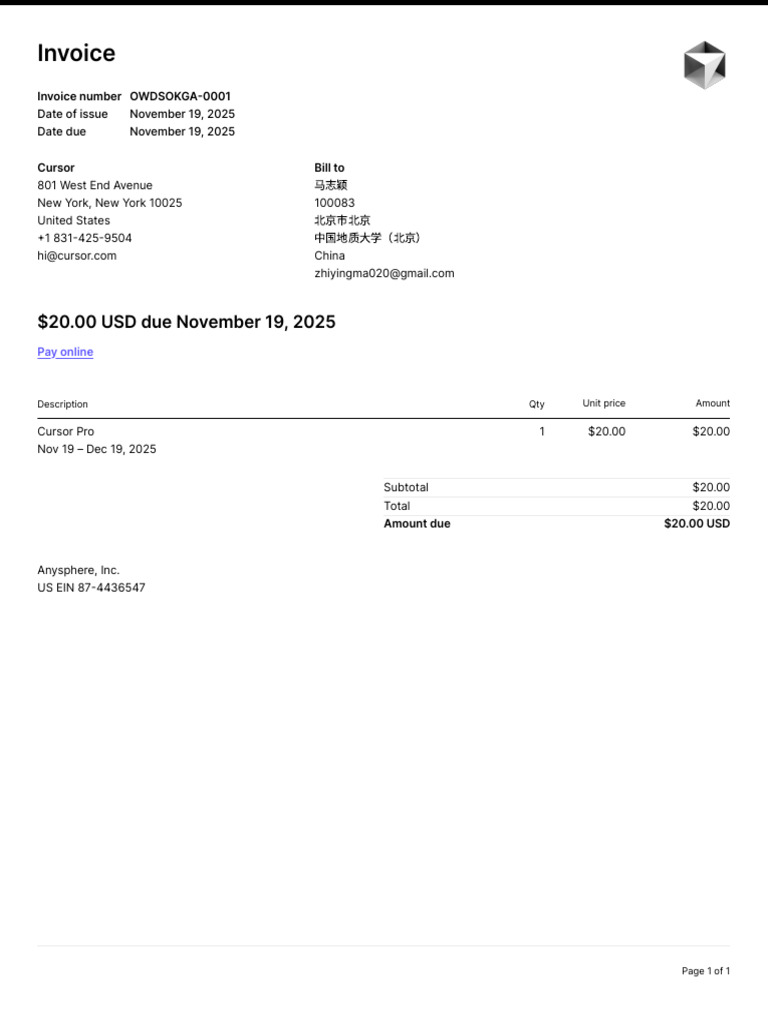Invoice for Cursor Pro Subscription | PDF