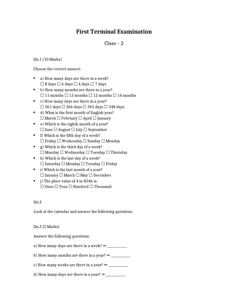 Class 2 First Terminal Exam | PDF
