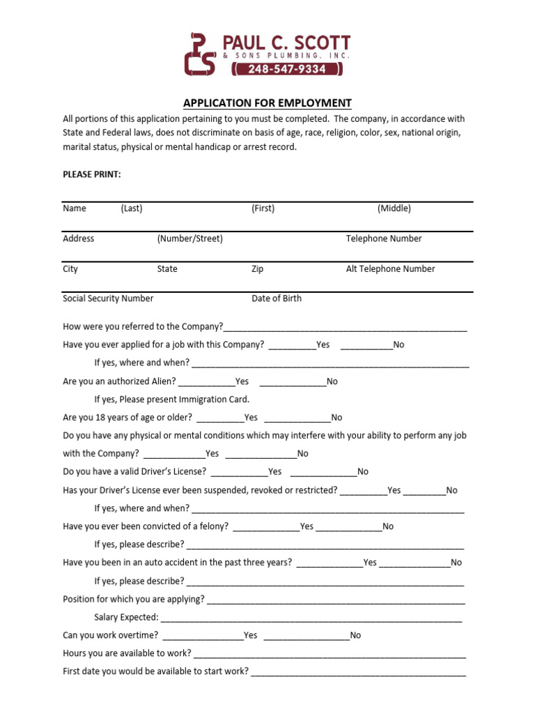 Employment Application Form | PDF | Employment | Legal Liability