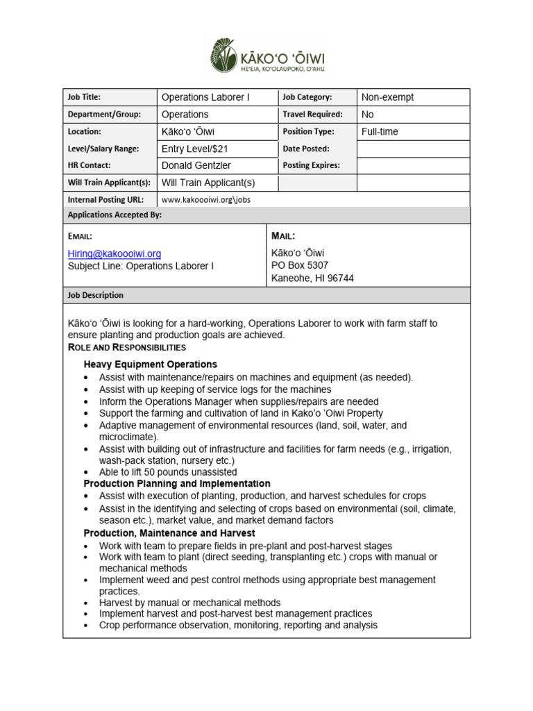 Operations Laborer I Job Opening at Kākoʻo ʻŌiwi | PDF