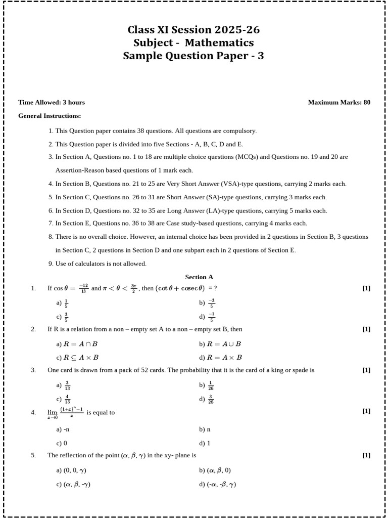 Class XI Mathematics Sample Paper 2025 | PDF | Mathematics ...