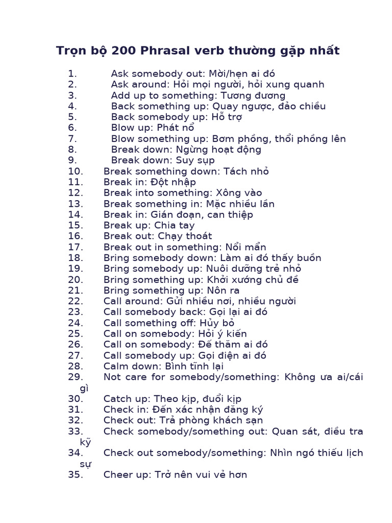 Trọn bộ 200 Phrasal verb thường gặp nhất | PDF