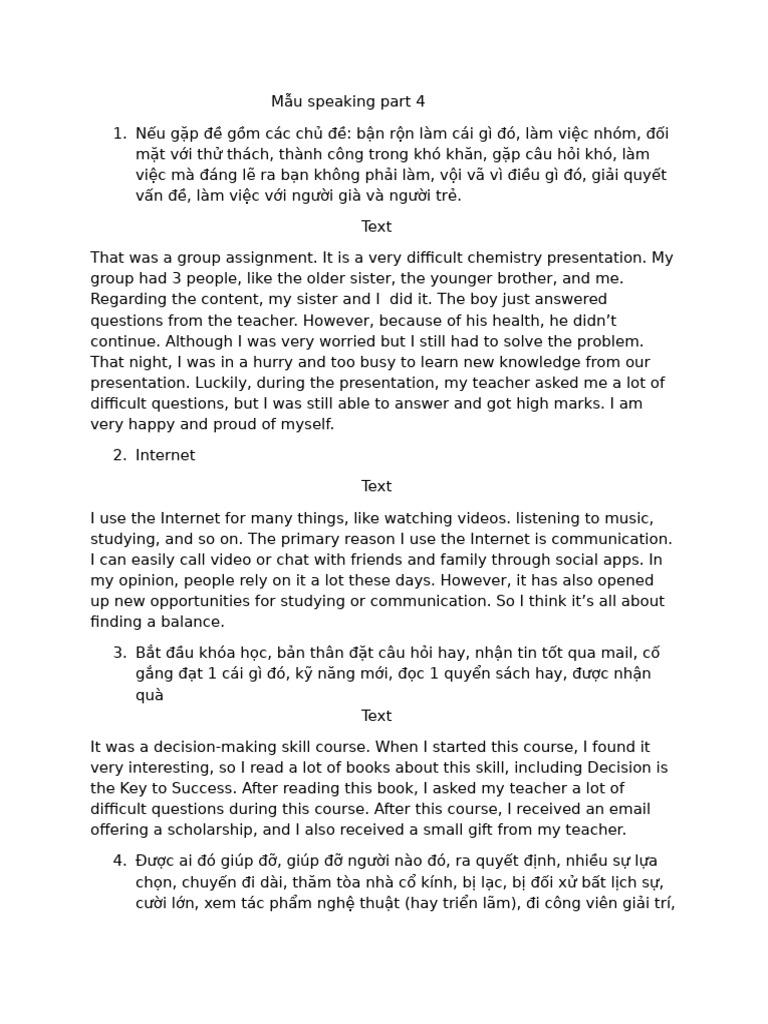 Speaking Part 4: Personal Experiences | PDF