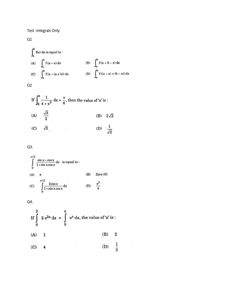 Test - Definite-Indefinte Integrals Only | PDF