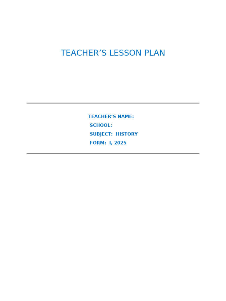 History Lesson Plan for Form One | PDF | Teachers | Lesson Plan