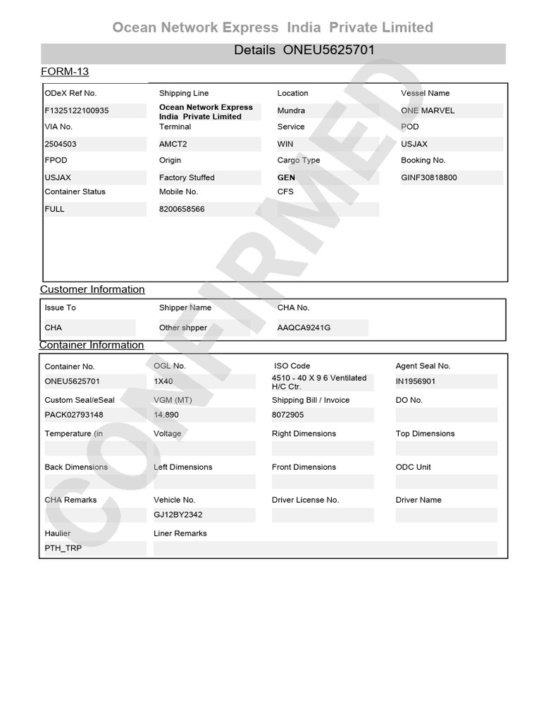 Shipping Details for ONEU5625701 Container | PDF