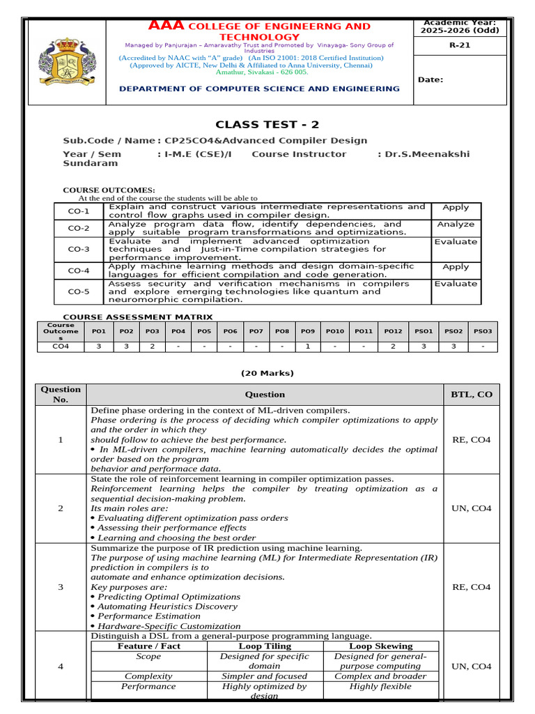 Class Test 2 Acd Answer Key | PDF | Compiler | Machine Learning
