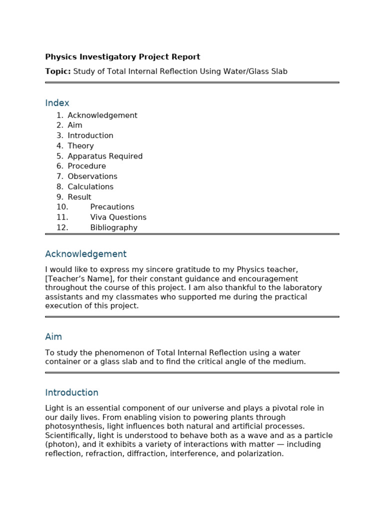 Total Internal Reflection Experiment Report | PDF | Refraction ...