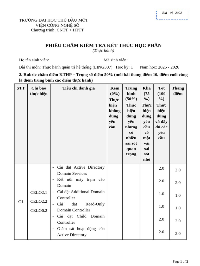 Phieu Cham Kiem Tra Thuc Hanh | PDF
