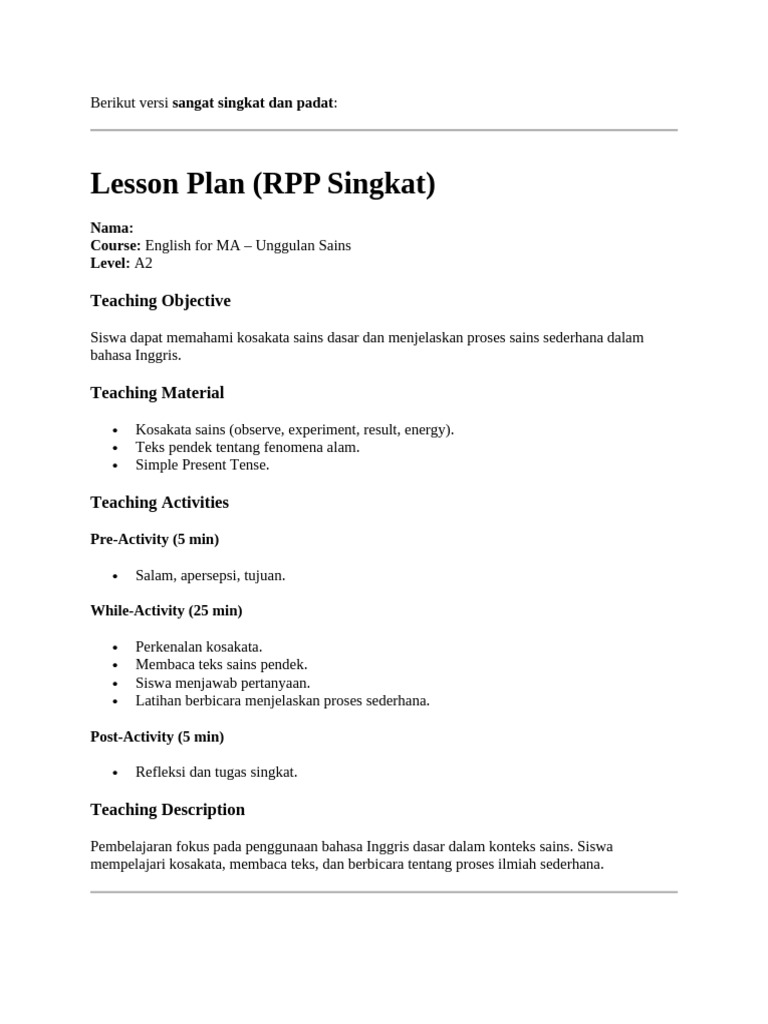 RPP Singkat: Bahasa Inggris untuk Sains A2 | PDF