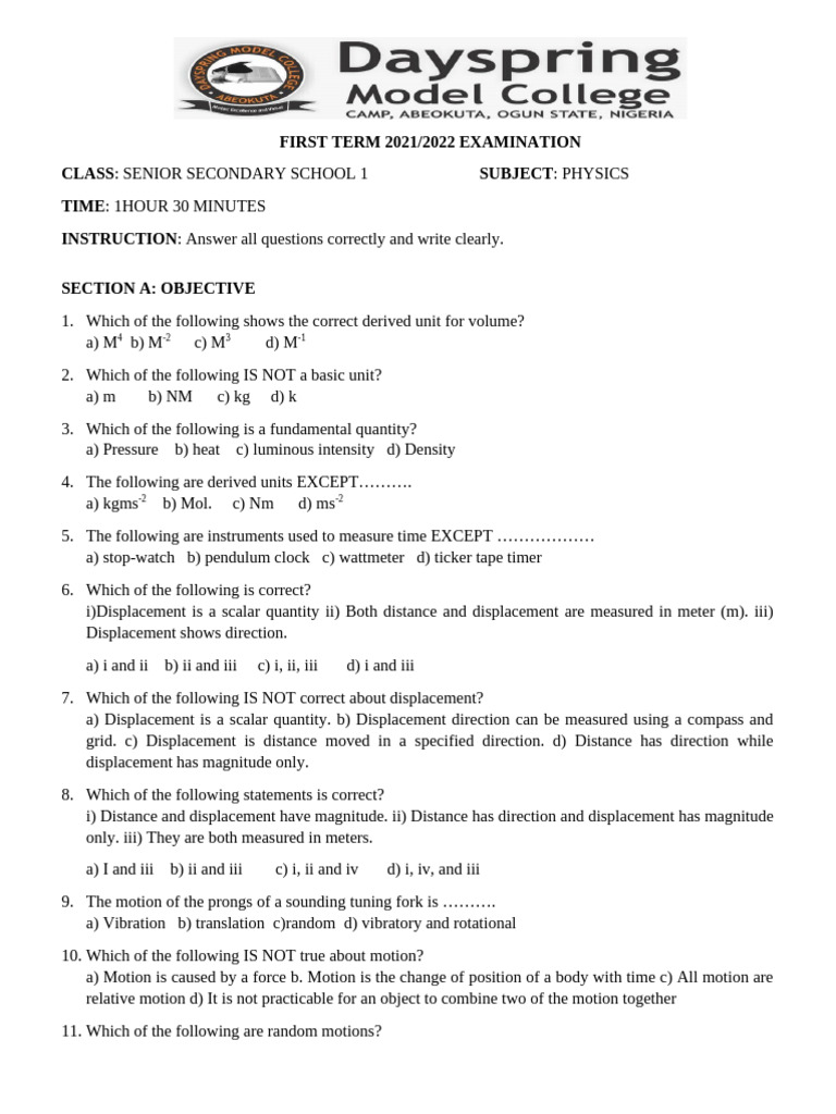 Physics Exam Questions for Senior Secondary | PDF | Force | Acceleration