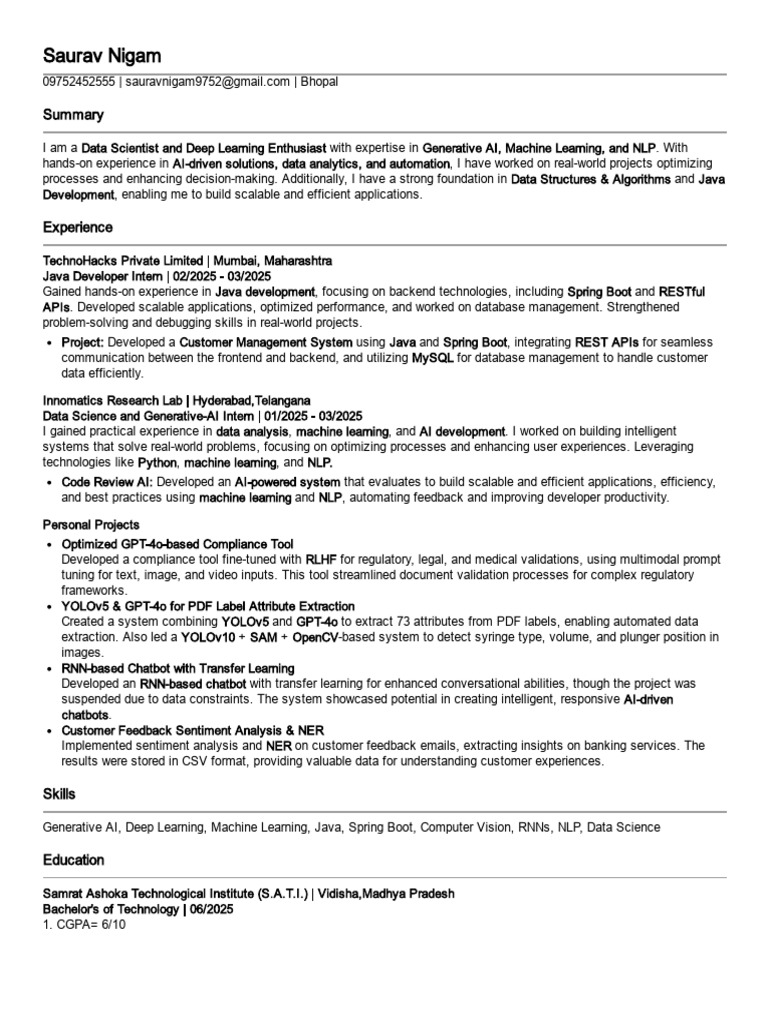 Data Scientist & AI Developer Resume | PDF | Machine Learning ...