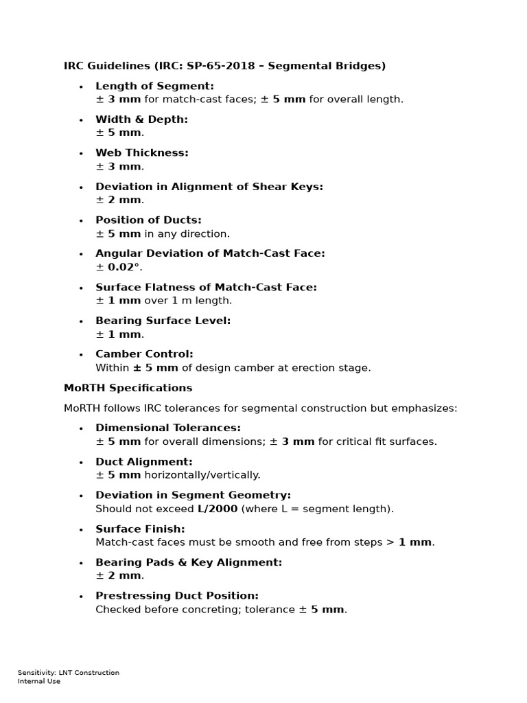 IRC Guidelines- Tolerances for Segment Construction | PDF