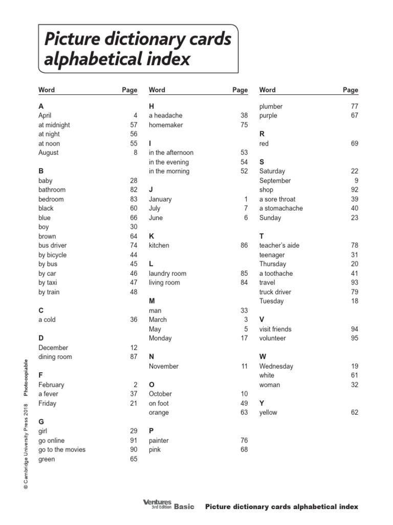 VENTURES3ED PictureDictionary Basic Flashcards Index Alphabetical | PDF