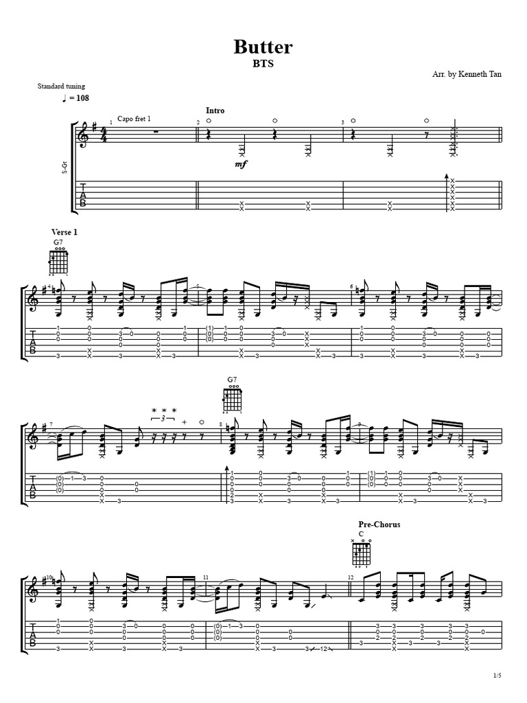 BTS Butter Guitar Chords and Tabs | PDF | European Musical Instruments ...