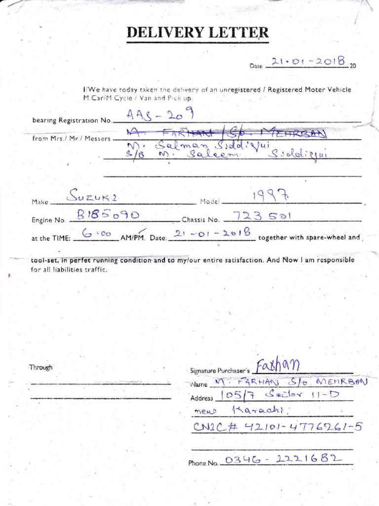 Vehicle Delivery Confirmation Letter | PDF