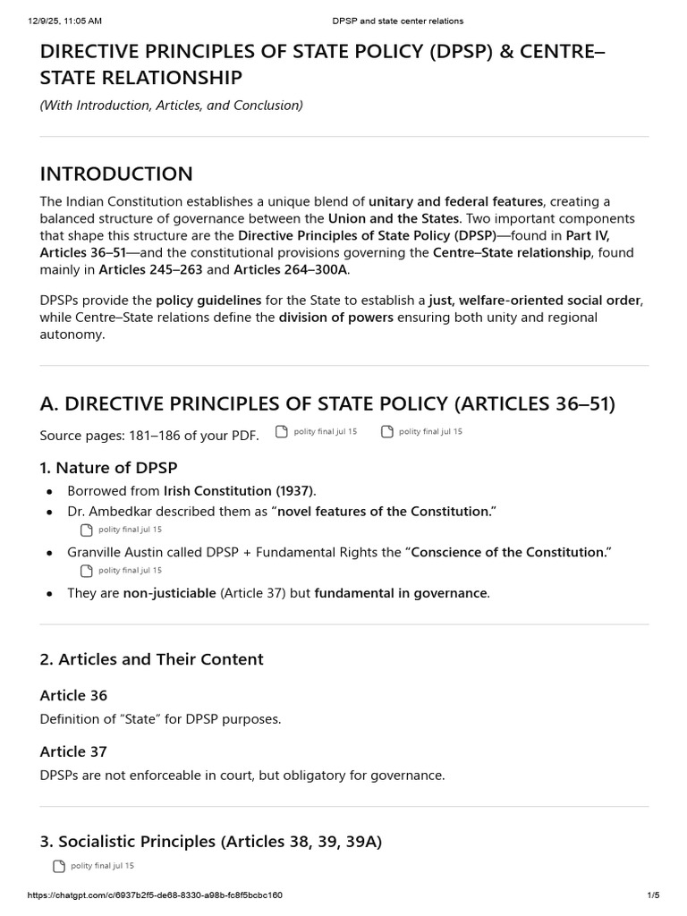 DPSP and Centre-State Relations Explained | PDF | Governance ...