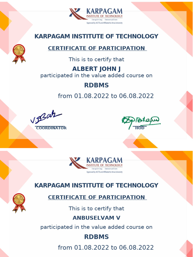 RDBMS Course Participation Certificates | PDF