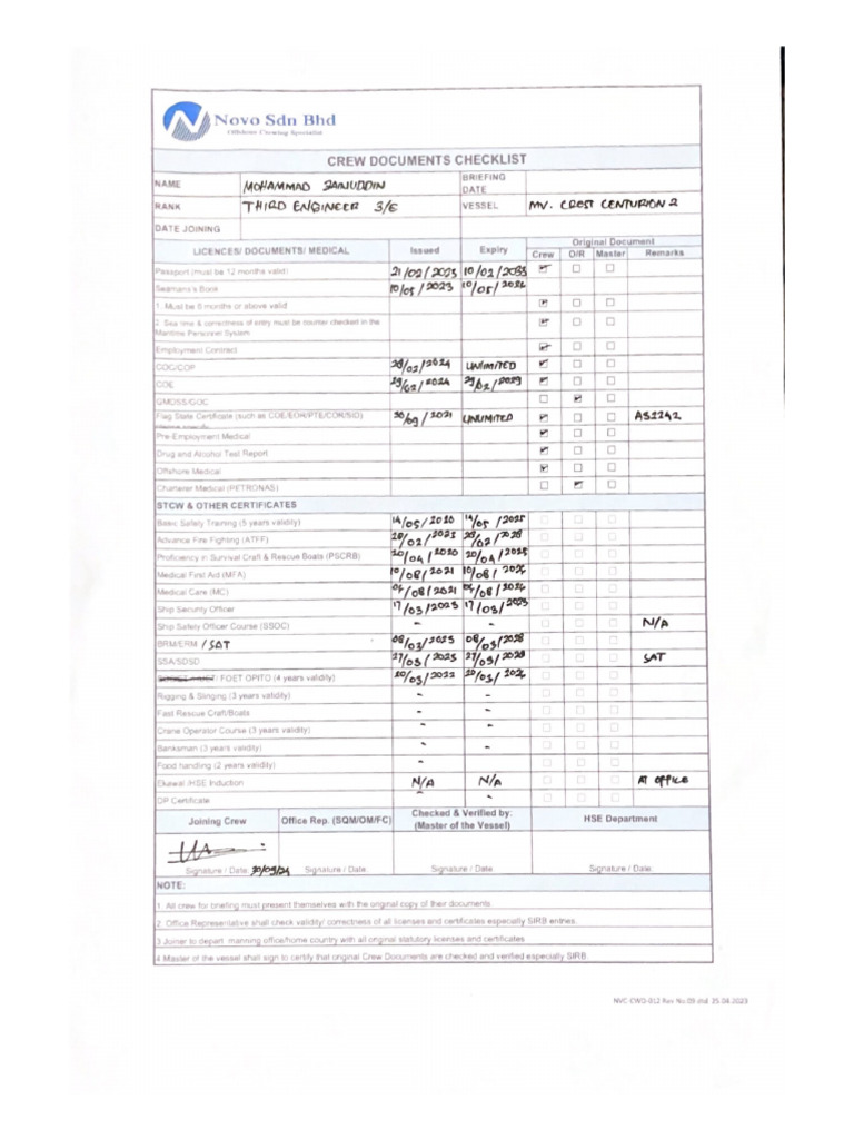 Crew Document Check List | PDF