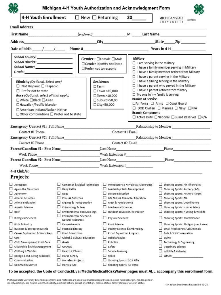 Michigan 4-H Youth Enrollment Form | PDF | Gender | Gender Studies