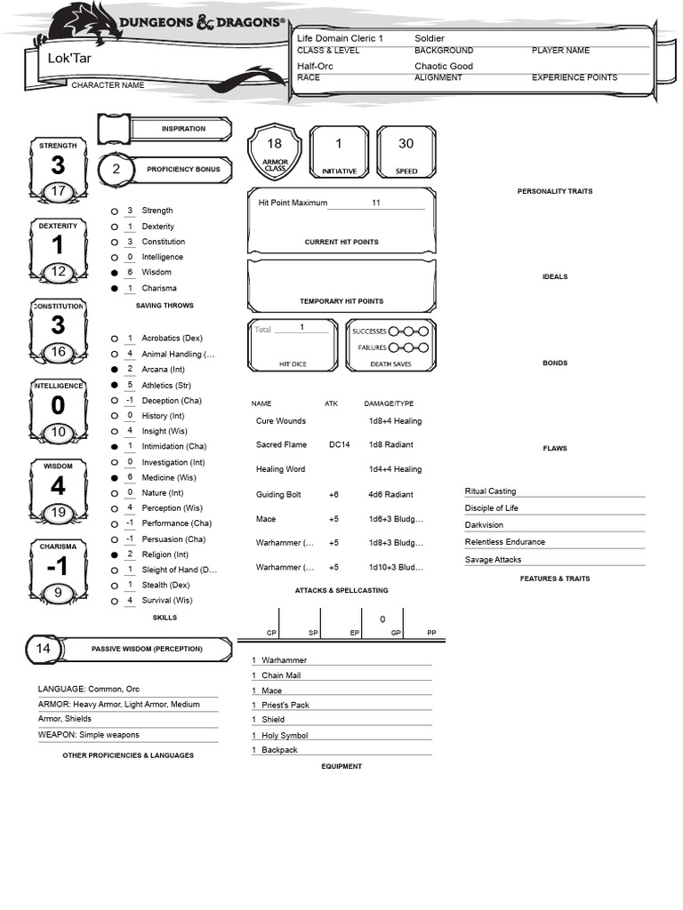 Half-Orc Life Domain Cleric Stats | PDF | Role Playing Games