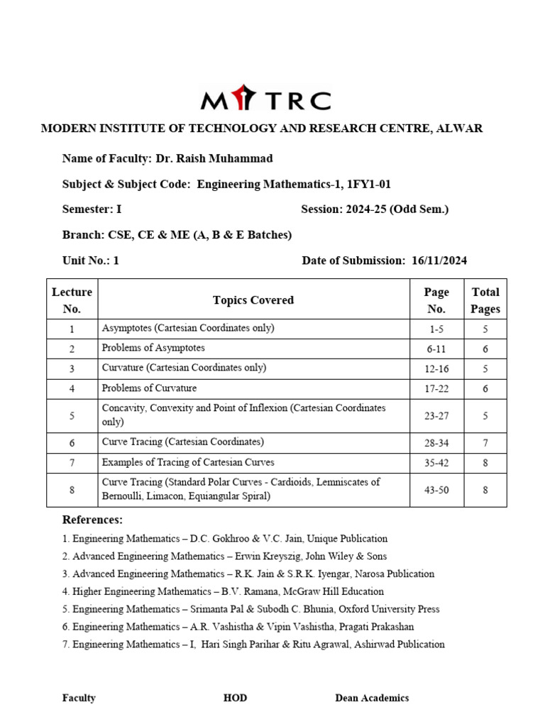 Engineering Mathematics-1 Notes | PDF | Curvature | Circle