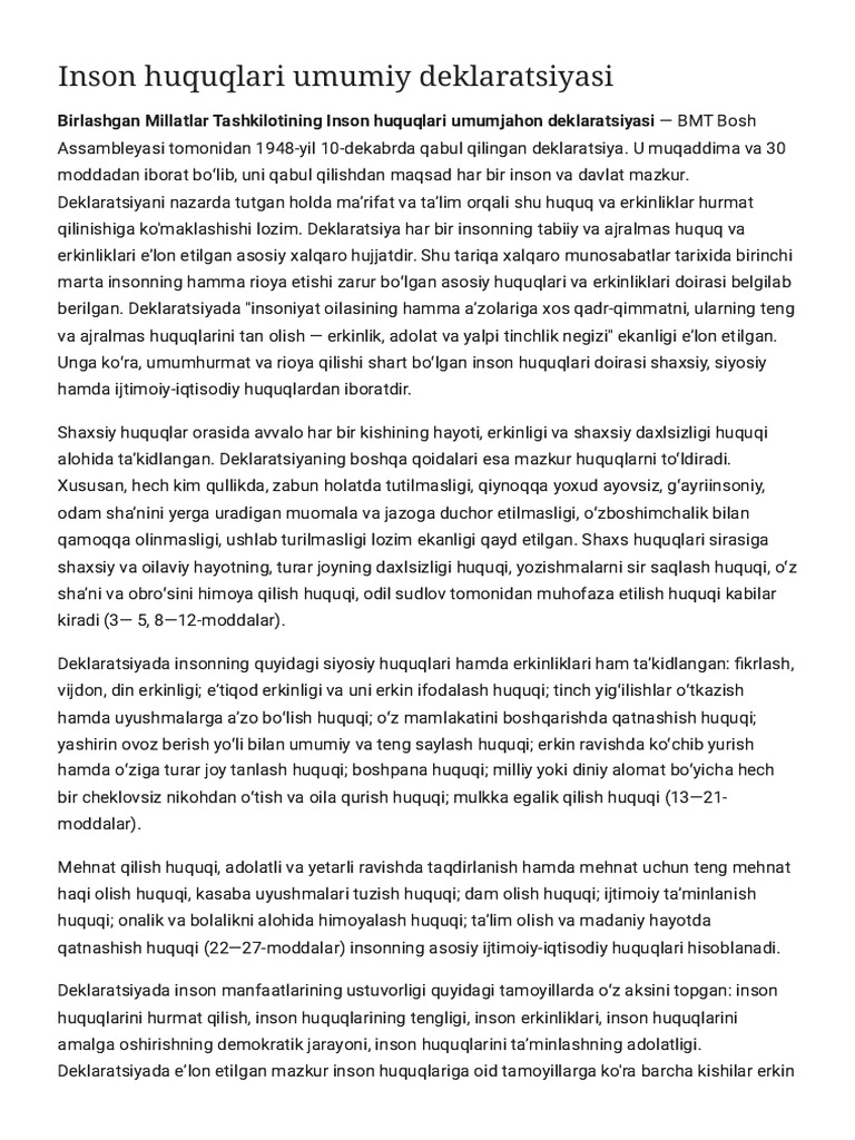 Inson Huquqlari Umumiy Deklaratsiyasi - Vikipediya | PDF