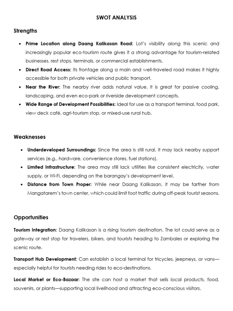 SWOT Analysis of Daang Kalikasan Lot | PDF | Tourism | Transport