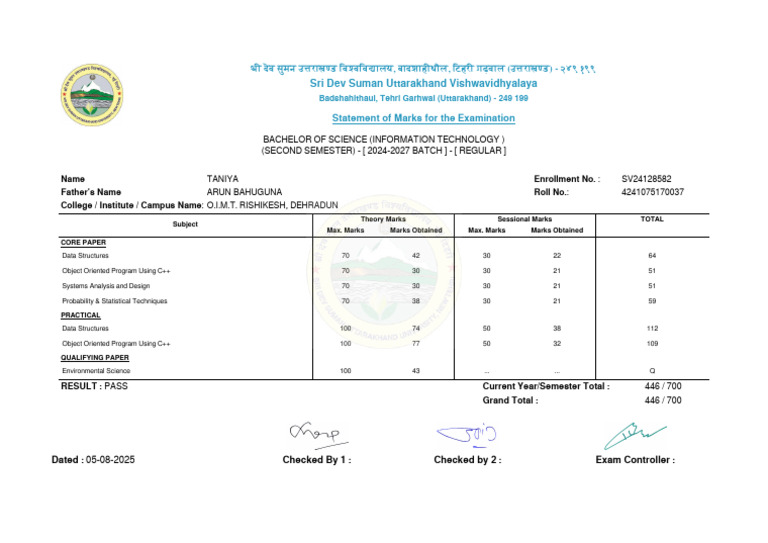 Bachelor of Science Marks Statement | PDF