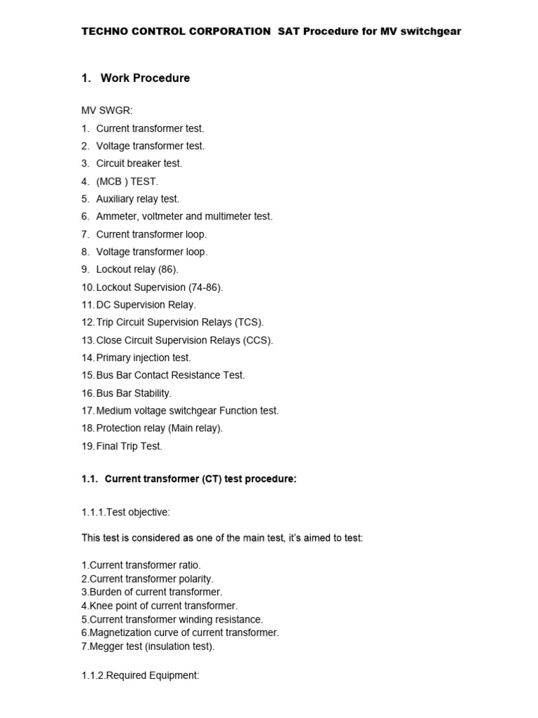 MV Switchgear SAT Testing Procedures | PDF | Insulator (Electricity ...