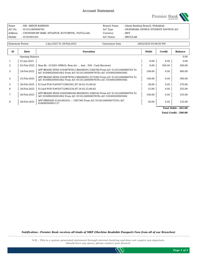 Mudaraba Student Savings Account Statement | PDF | Money | Personal Finance