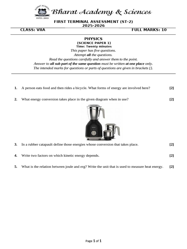 Class VII Physics Terminal Assessment | PDF