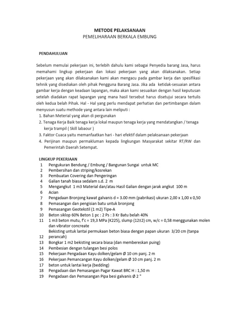 Metode Pelaksanaan Pekerjaan Embung | PDF
