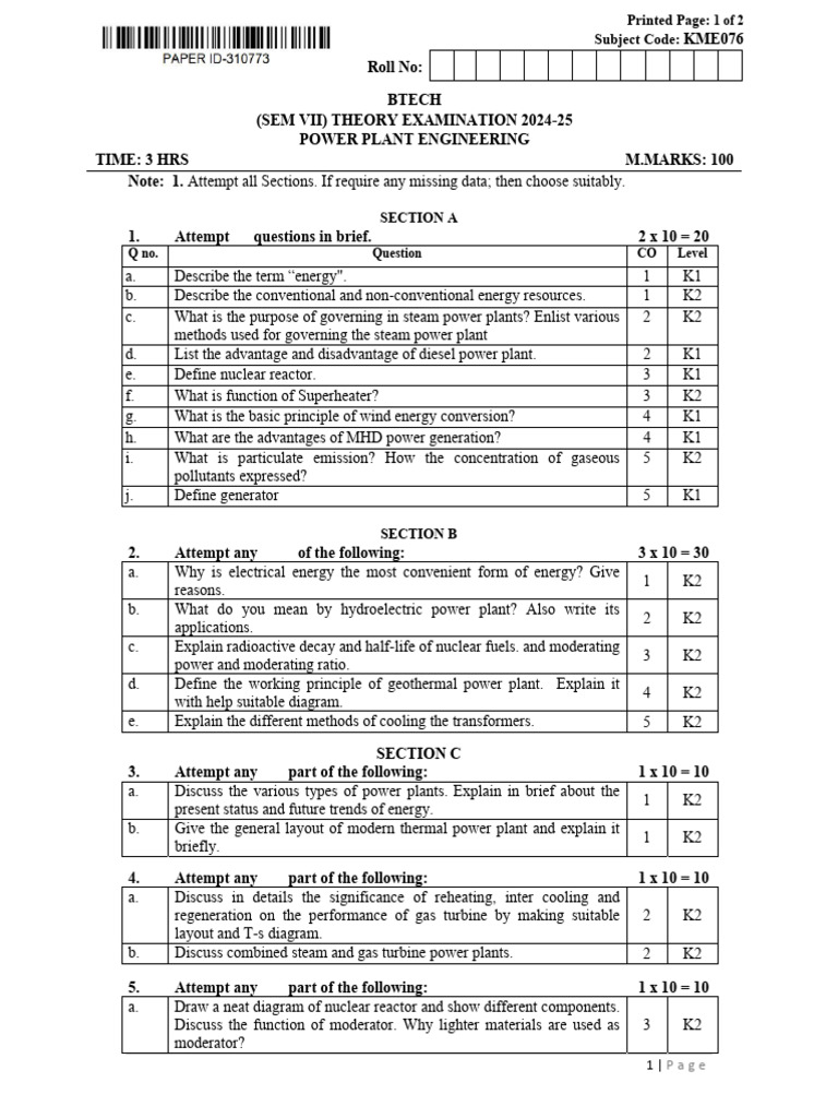 Power Plant Engineering Exam Paper | PDF | Power Station | Nuclear Energy