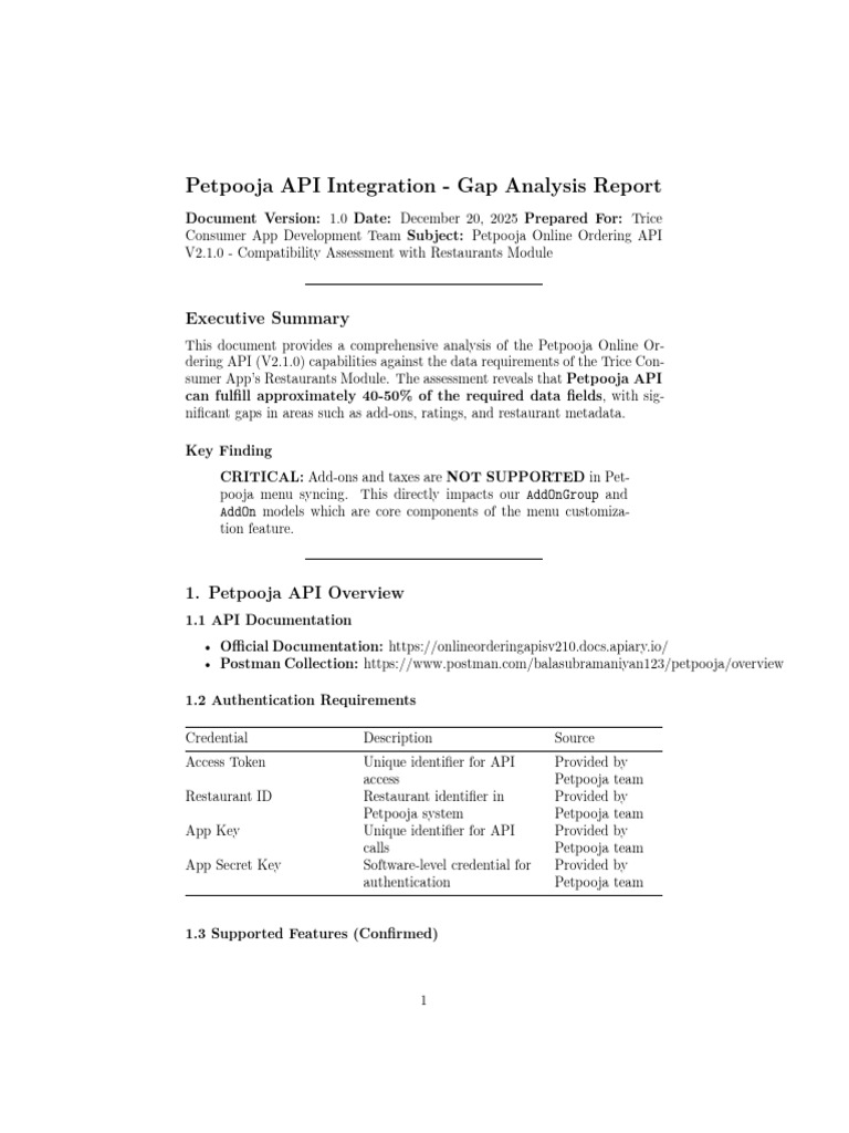 Petpooja API Gap Analysis Report | PDF