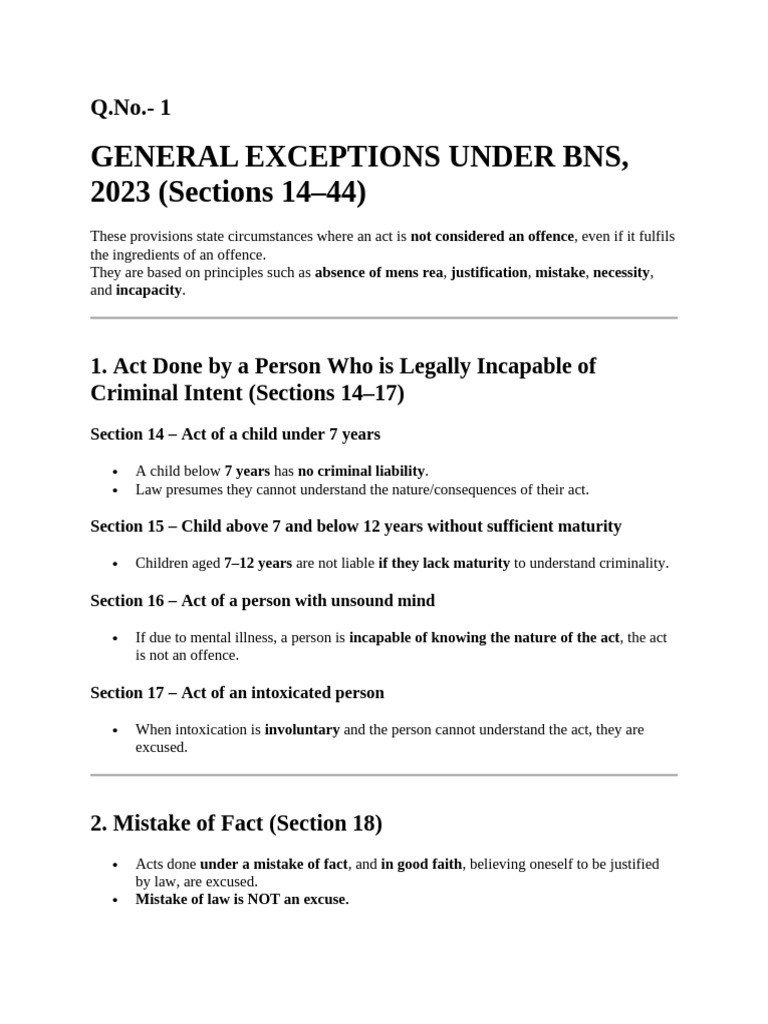 General Exceptions in BNS 2023 Explained | PDF | Robbery | Crimes