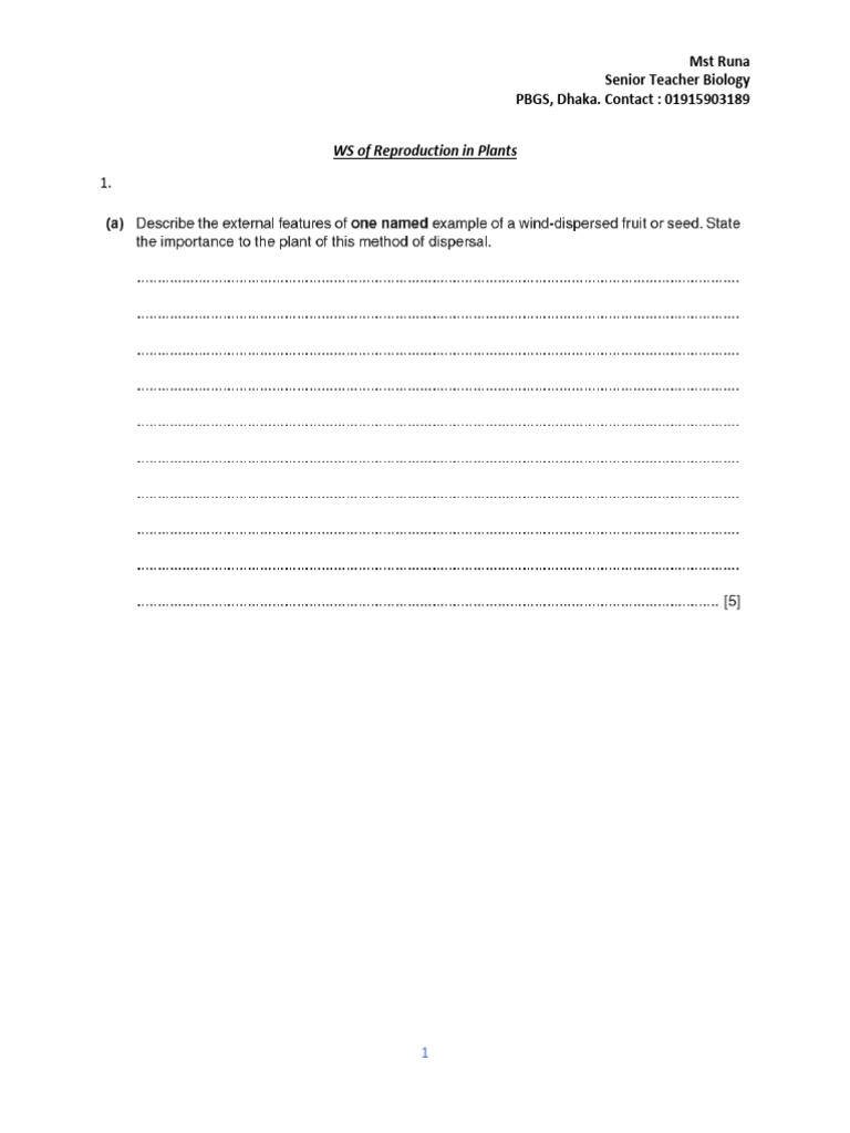 WS of Reproduction in Plants | PDF