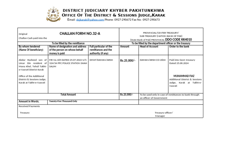 Challan Form No.32-A for Karak District | PDF
