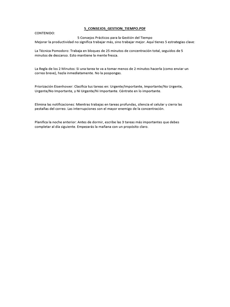 5 Consejos para Mejorar la Gestión del Tiempo | PDF