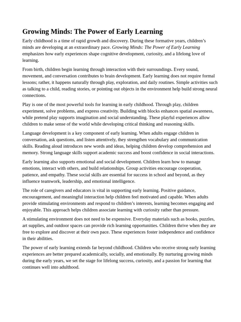 Growing Minds The Power of Early Learning | PDF | Learning | Mind