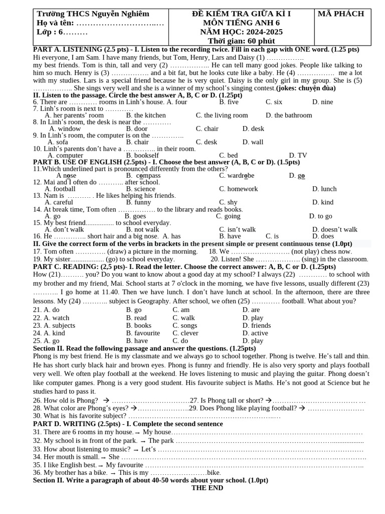 English Test for Grade 6 Students | PDF