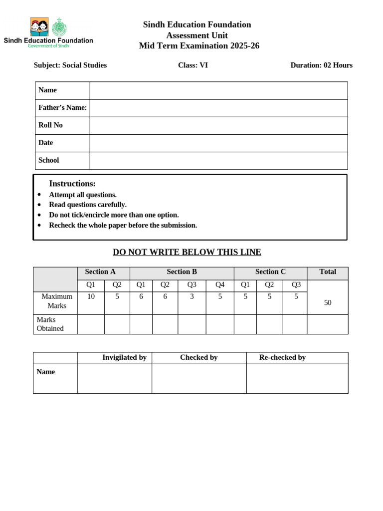 Social Studies Mid Term Exam 2025-26 | PDF
