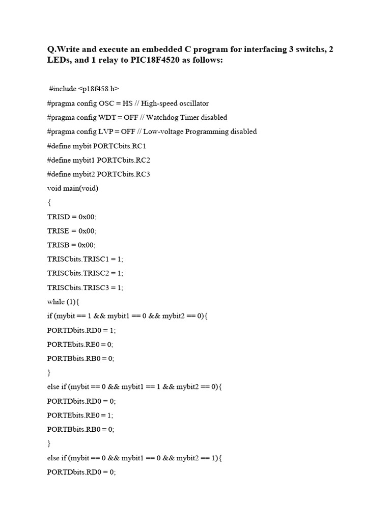 Embedded C Programs for PIC18F4520 | PDF | Computer Programming ...