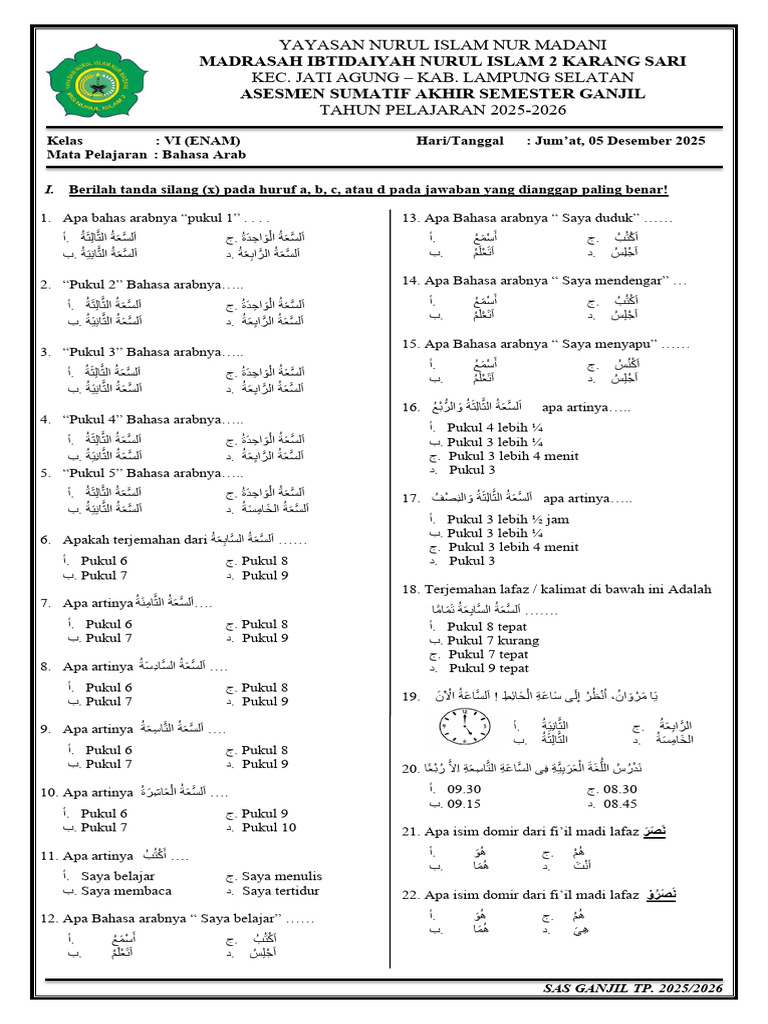 Asesmen Bahasa Arab Kelas VI 2025-2026 | PDF