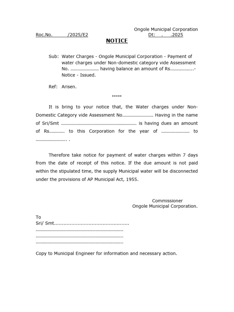 Ongole Water Charges Payment Notice | PDF